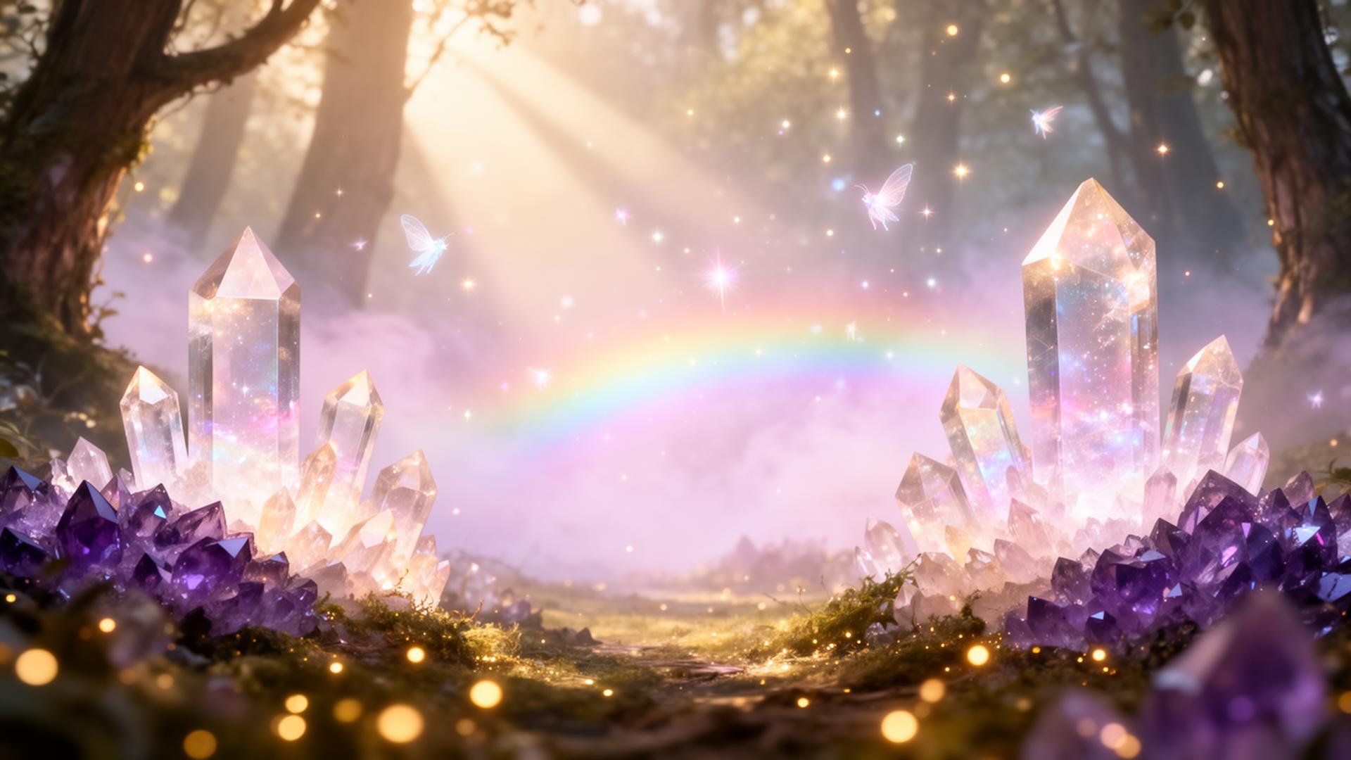 Magical crystal grove with rainbow mist and fairy sparkles